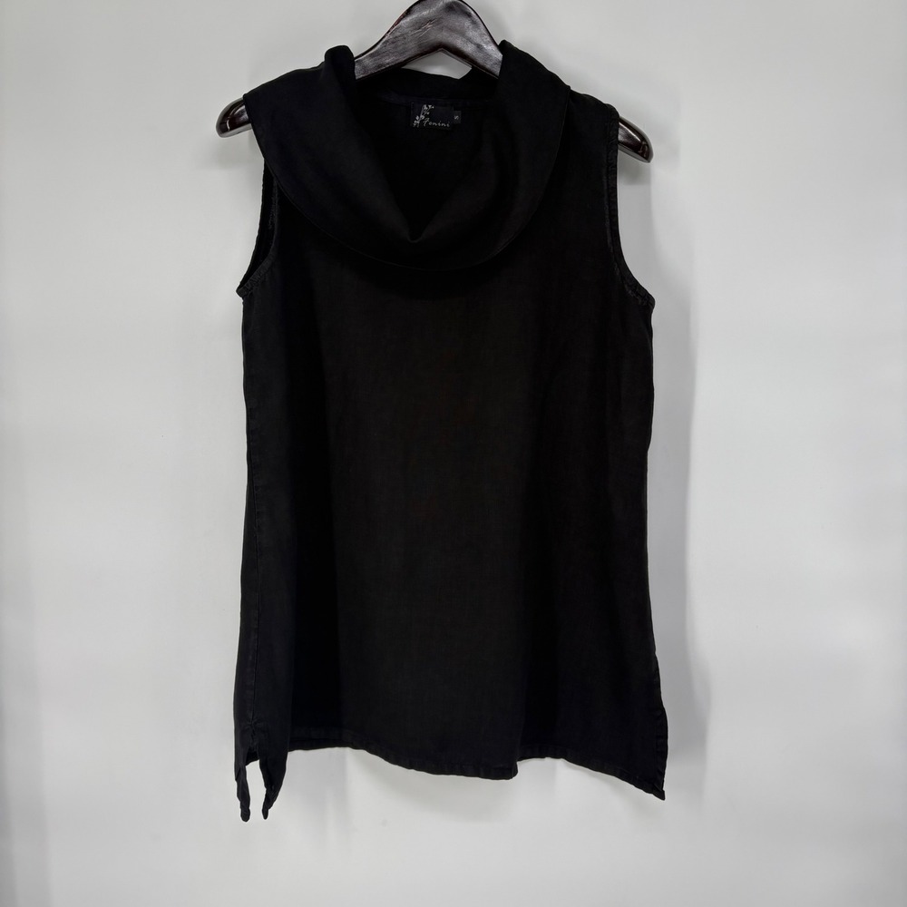 Fenini Womens Black Linen Cowl Neck Sleeveless Tunic Top S Oversizes Lagenlook